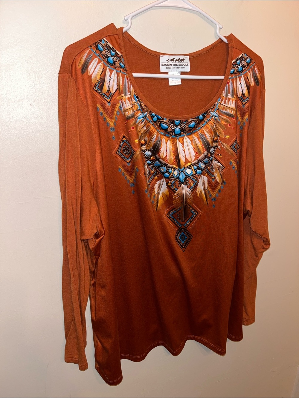 Back In The Saddle Orange Aztec Western Print Long Sleeve Shirt Size 3X EUC Boho - Picture 2 of 5